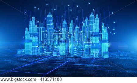Smart City With Technology 5g Communication. Futuristic Digital Data Network Connected. Internet Of 