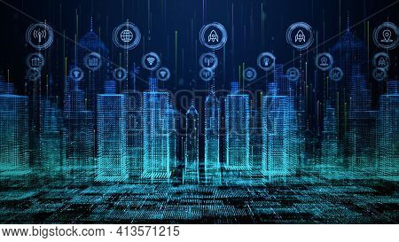 Smart City With Technology Network Connecting. Internet Of Things And Social Media Connection. Techn