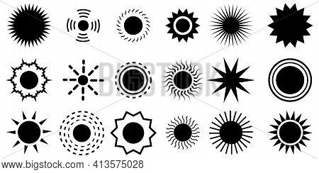 Black Sun Stars Set. Christmas Light Effect. Holiday Flower Star. Outline Symbol Collection. Stock I