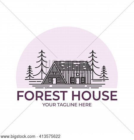 Forest Cabin Line Art Logo Vector Illustration Design, Minimalist House Logo Design