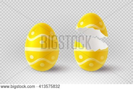 Yellow Cracked Egg Isolated On Checkered Background. Realistic Egg Shells. Vector Illustration With 