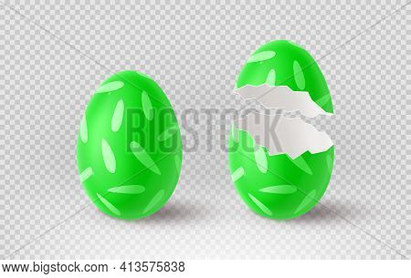 Green Cracked Egg Isolated On Checkered Background. Realistic Egg Shells. Vector Illustration With 3