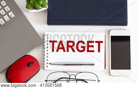Notebook Writing Target , Office Table With Laptop ,glasses, Business