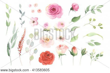 Floral set with simple roses, buds, small flowers, green leaves and branches. Watercolor collection design elements isolated on white background for invitation, greeting cards, date, decorations.