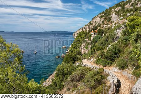 Gospe od Prizidnice church on the cliff on Ciovo island near the Trogir town at Adriatic coast, Croatia