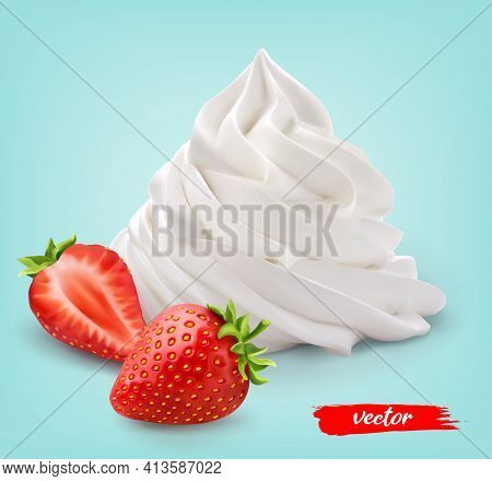 Whipped Cream With Whole Strawberry And Half Strawberry On Blue Background. 3d Realistic Vector Illu
