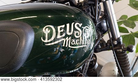 Bordeaux , Aquitaine France - 03 18 2021 : Deus Logo And Paint Sign Text Brand On Custom Motorcycle 
