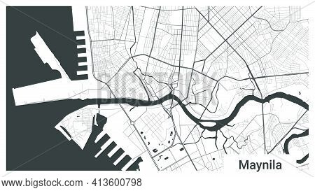 Map Of Manila City, Republic, Philippines. Horizontal Background Map Poster Black And White Land, St