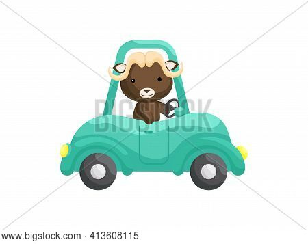 Cute Little Musk-ox Driving Emerald Car. Cartoon Character For Childrens Book, Album, Baby Shower, G