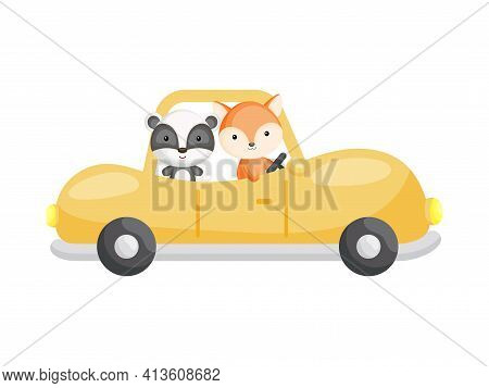 Cute Little Badger And Fox Driving Yellow Car. Cartoon Character For Childrens Book, Album, Baby Sho