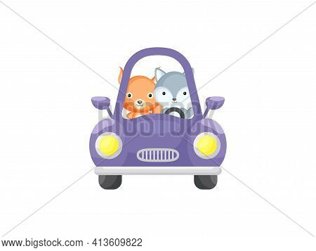 Cute Little Squirrel And Wolf Driving Purple Car. Cartoon Character For Childrens Book, Album, Baby 