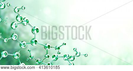 Models of abstract molecular structure on green background. Horizontal banner with glass model of molecule. Copy space for your text. Mock up template. 3d render