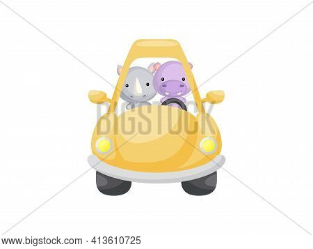 Cute Little Rhino And Hippo Driving Yellow Car. Cartoon Character For Childrens Book, Album, Baby Sh