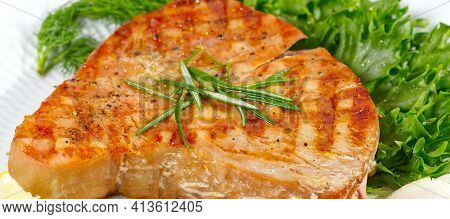 Tuna Steak Cooked On The Electric Grill. Tunafish Served On A Plate With Fresh Herbs And Vegetables.