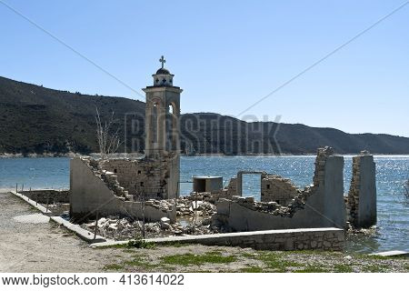 Ruined Abandoned Christian Church Of Saint Nicholas Submerged In Kouris Water Reservoir, Cyprus