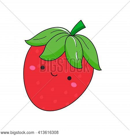 Cute Kawaii Straberry. Smiling Adorable Berry Cartoon Character