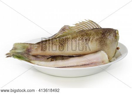 Several Uncooked Carcasses Of The Notothenia Fish Without Of The Heads On A White Dish On A White Ba