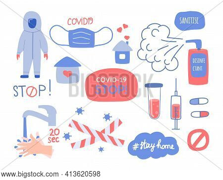 The Set Of Elements On The Subject Of Coronavirus, Coved 19, Hygiene And Medicine. Vector Illustrati