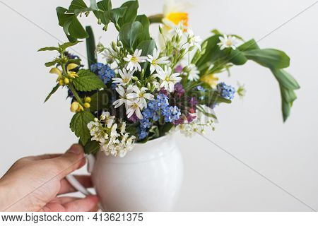 Hand Holding Beautiful Spring Wildflowers In Vintage Cup. Blooming Colorful Flowers Of Ajuga, Forget