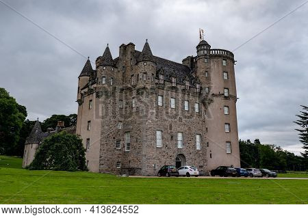 Inverurie, Scotland - August 10, 2019: The Ancient Castle Fraser In Sauchen, Inverurie, Scotland Wit