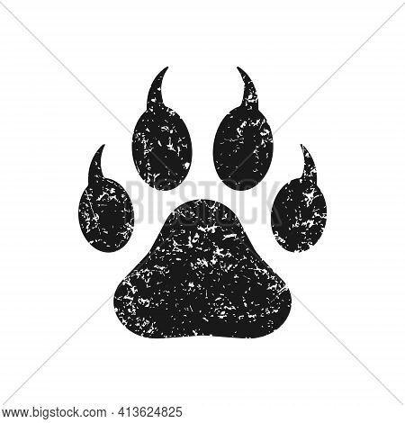 Animal Paw Print With Claws Vector Icon. Grunge Texture. Wildlife Or Petshop Store And Vet Logo. Dog