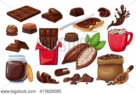 Chocolate Icon Set. Candy, Cocoa Beans, Chips, Chocolate Bar, Spred And Ets For Confectionery Produc