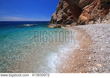 Croatia Landscape. Dalmatia Adriatic Coast. Pasjaca Beach Below Cliffs In Konavle.