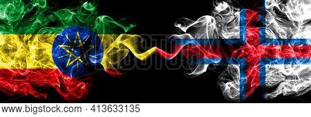 Ethiopia, Ethiopian Vs Faroe Islands, Faroese Smoky Mystic Flags Placed Side By Side. Thick Colored 