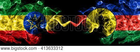 Ethiopia, Ethiopian Vs France, French, Flnks Smoky Mystic Flags Placed Side By Side. Thick Colored S