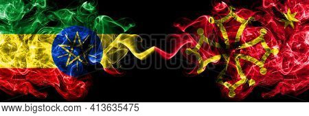 Ethiopia, Ethiopian Vs Occitania Smoky Mystic Flags Placed Side By Side. Thick Colored Silky Abstrac