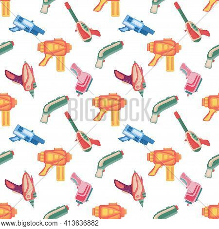 Seamless Pattern With Futuristic Colorful Blaster. Kid Game Gun.
