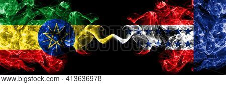Ethiopia, Ethiopian Vs Tuamotu Archipelago Smoky Mystic Flags Placed Side By Side. Thick Colored Sil