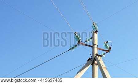 Corner Transmission Tower Of High Voltage Overhead Power Line Top. Strain Glass Insulators, Consists