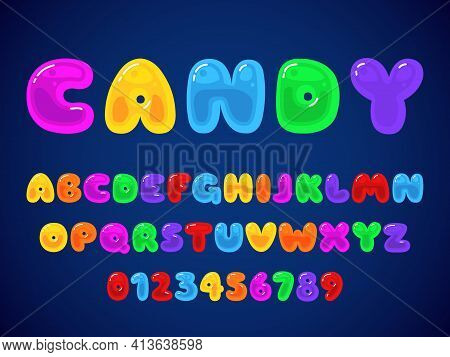 Candy Jelly Font. Kids Candies Latin Alphabet, Color Delicious Sweet Letters And Tasty Numbers, Chil