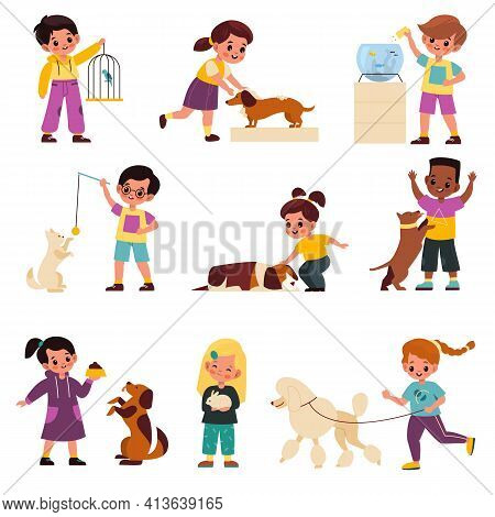 Kids With Pets. Children With Domestic Animals, Pet And Little Owner, Cats And Dogs, Birds And Fish,