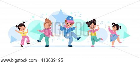Children Dancing. Happy Kids Move To Melody Together, Little Music Fans, Cute Boys And Girls Among N