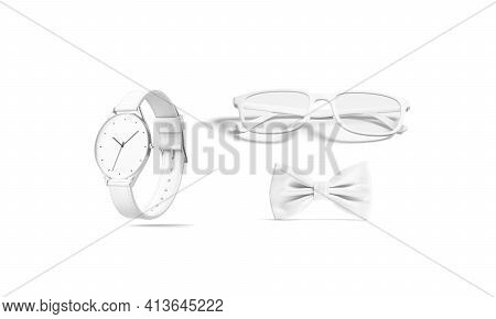 Blank White Bow Tie, Glasses And Watch Mokup, Isolated, 3d Rendering. Empty Wristwatch, Eyeglasses A