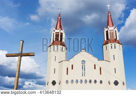 Our Lady Of The Rosary Church In Bialystok City In Poland. White Catherdal Building. Blue Cloudy Sky