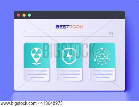 Set Secure Shield With Lightning, Radioactive In Location And Solar System Icon. Vector