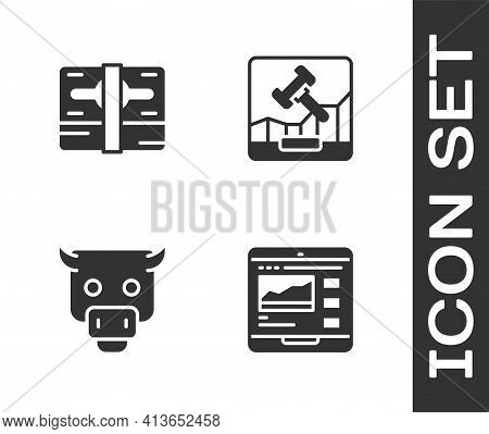 Set Trading Courses, Stacks Paper Money Cash, Bull Market And Online Internet Auction Icon. Vector