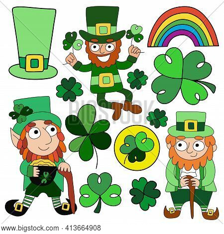 St. Patrick's Day Symbols Cartoon Set Stock Vector Illustration. Funny Hand Drawn Patrick, Leprechau