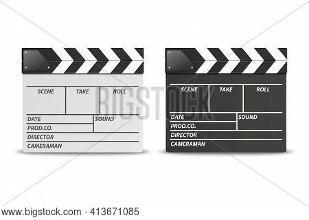 Vector 3d Realistic Closed White And Black Movie Film Clap Board Icon Set Closeup Isolated On White 