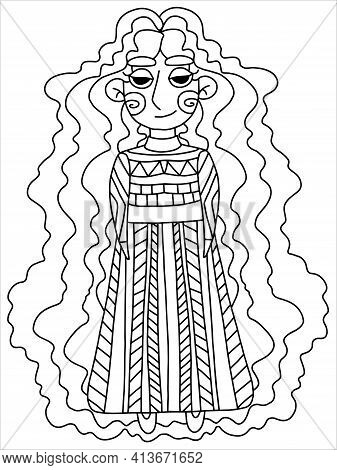 Sleeping Princess Funny Character Black Outline On White Stock Vector Illustration. Cute Girl In Dre