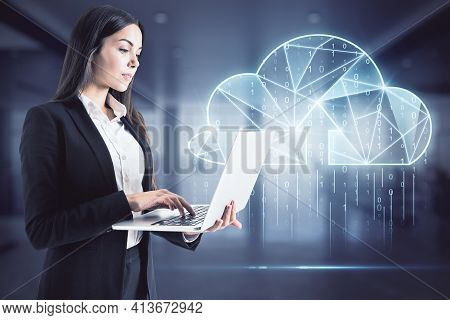 Cloud Technology And Digital Transformation Concept With Businesswoman Working On Laptop On Digital 