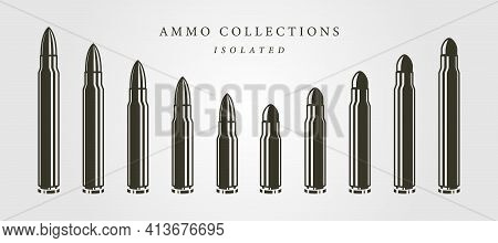 Set Of Bullets Ammunition Object Vector Isolated Illustration Designs, Vintage Bullet Designs