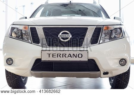 Russia, Izhevsk - February 19, 2021: Nissan Showroom. New Modern Terrano Car. Front View. Famous Wor