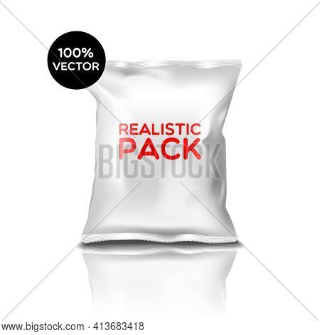 White Polyethylene Sealed Closed Bag With Realistic Pack Text Single Object With Reflection Isolated
