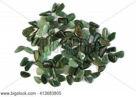 Macroshooting Of Natural Mineral Rock Specimen - Tumbled Green Aventurine Gemstone Group Of Objects 