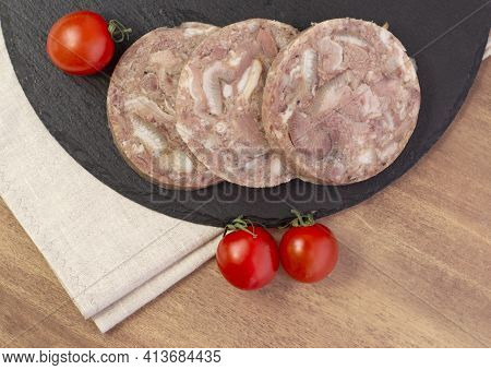 Homemade Brawn Headcheese Meat Product Saltison On Rough Linen Cloth With Sea Salt And Spices Top Vi