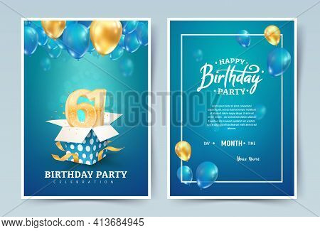 61st Years Birthday Vector Invitation Double Card. Sixty One Years Wedding Anniversary Celebration B